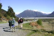 starting off on the walk, snowy mountains in the distance