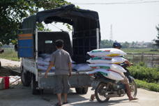 Four big bags of grain on one moped