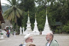 two gentlemen’s heads, with strange towers in the background